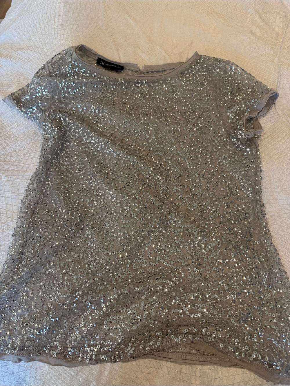 BCBGMaxAzria Silver Sequin Short Sleeve Top